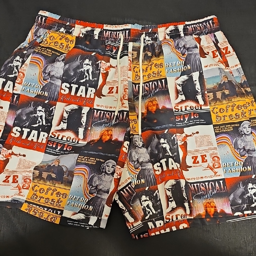SHEIN Retro Graphic Patchwork Athletic Shorts - Orange, Black, Blue